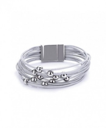 Beaded Multi-layer Geniune Leather Cord Magnetic Clasp Bracelets Bangles For women Girls - Grey - CX188IY2766