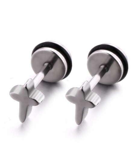 Pair of men and women cross stainless steel studs earrings screw back ...