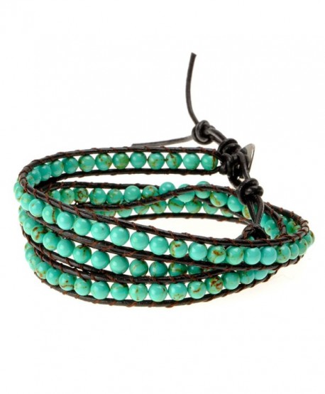 Women Hand Woven Turquoise Beaded Leather Cord Three Wraps Bracelet ...