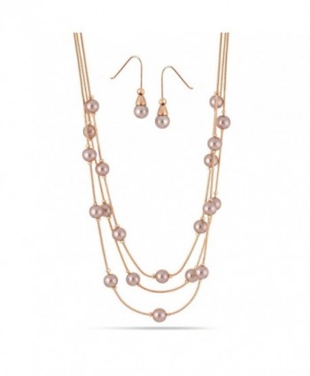 TAZZA GLASS PEARL THREE-STRAND LAYERED NECKLACE AND EARRINGS SET - Rose Gold - CI12N26Y5FL
